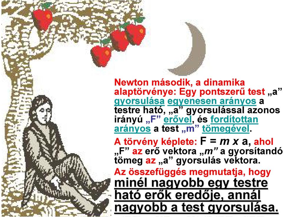 A törvény képlete: F = m x a, ahol F az erő vektora m a gyorsítandó tömeg az a gyorsulás vektora.