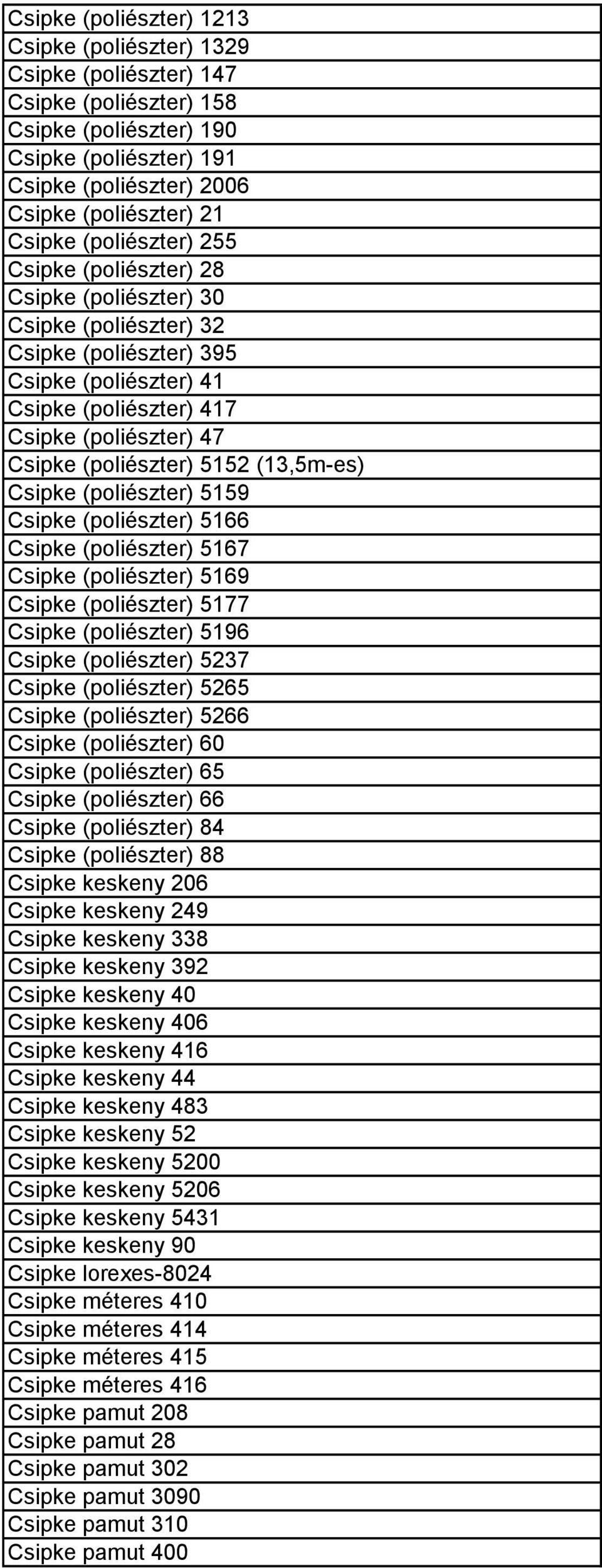 (poliészter) 5152 (13,5m-es) Csipke (poliészter) 5159 Csipke (poliészter) 5166 Csipke (poliészter) 5167 Csipke (poliészter) 5169 Csipke (poliészter) 5177 Csipke (poliészter) 5196 Csipke (poliészter)