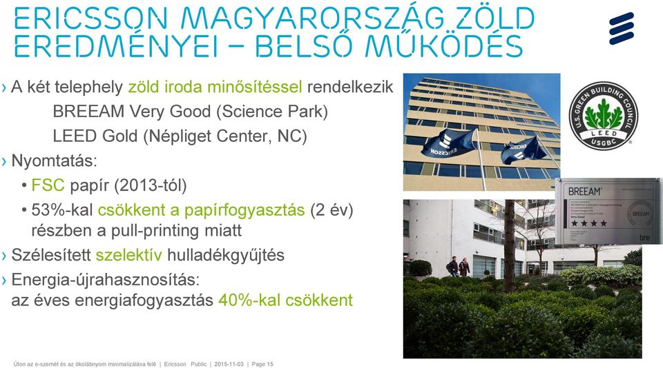 papírfogyasztás (2 év) részben a pull-printing miatt Szélesített szelektív hulladékgyűjtés Energia-újrahasznosítás: