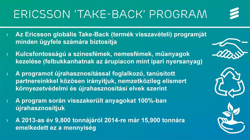 közösen irányítjuk, nemzetközileg elismert környezetvédelmi és újrahasznosítási elvek szerint A program során visszakerült anyagokat 100%-ban újrahasznosítjuk