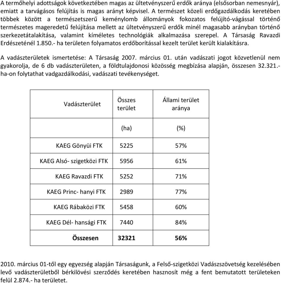 minél magasabb arányban történő szerkezetátalakítása, valamint kíméletes technológiák alkalmazása szerepel. A Társaság Ravazdi Erdészeténél 1.850.