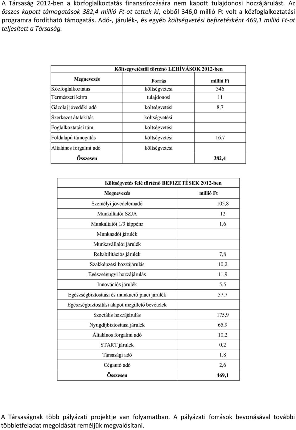 Adó-, járulék-, és egyéb költségvetési befizetésként 469,1 millió Ft-ot teljesített a Társaság.