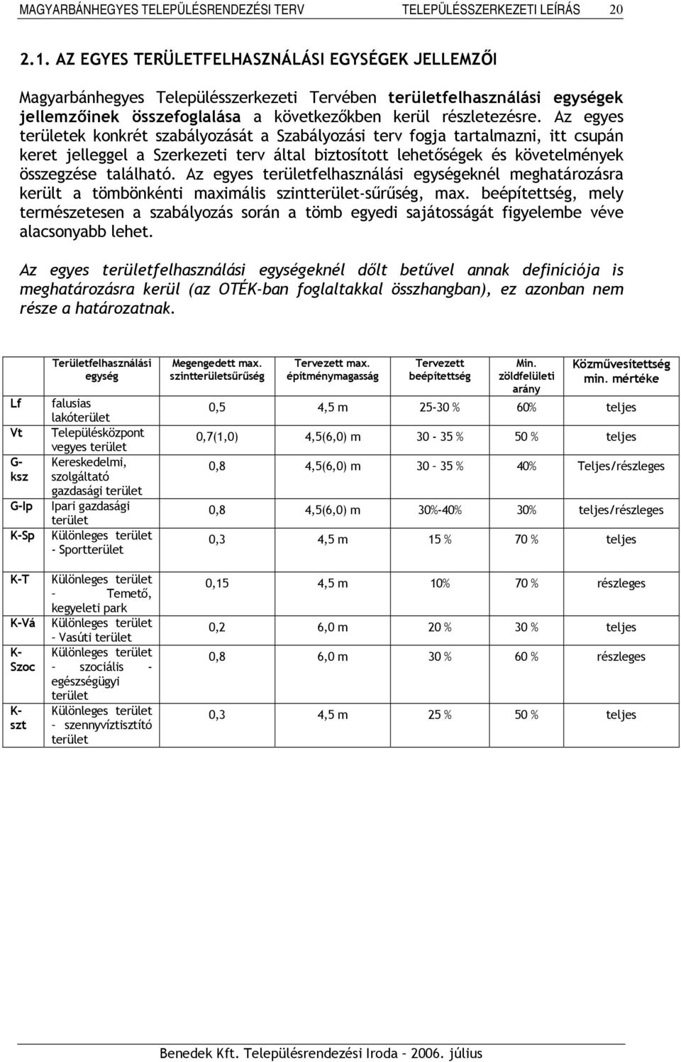 Az egyes területek konkrét szabályozását a Szabályozási terv fogja tartalmazni, itt csupán keret jelleggel a Szerkezeti terv által biztosított lehetőségek és követelmények összegzése található.