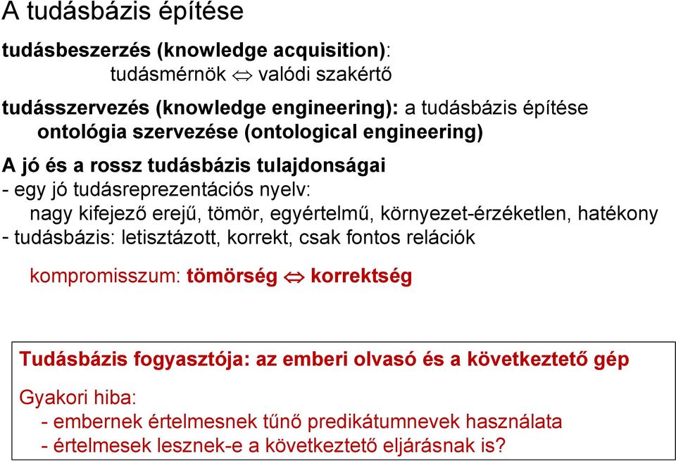 egyértelmű, környezet-érzéketlen, hatékony - tudásbázis: letisztázott, korrekt, csak fontos relációk kompromisszum: tömörség korrektség Tudásbázis