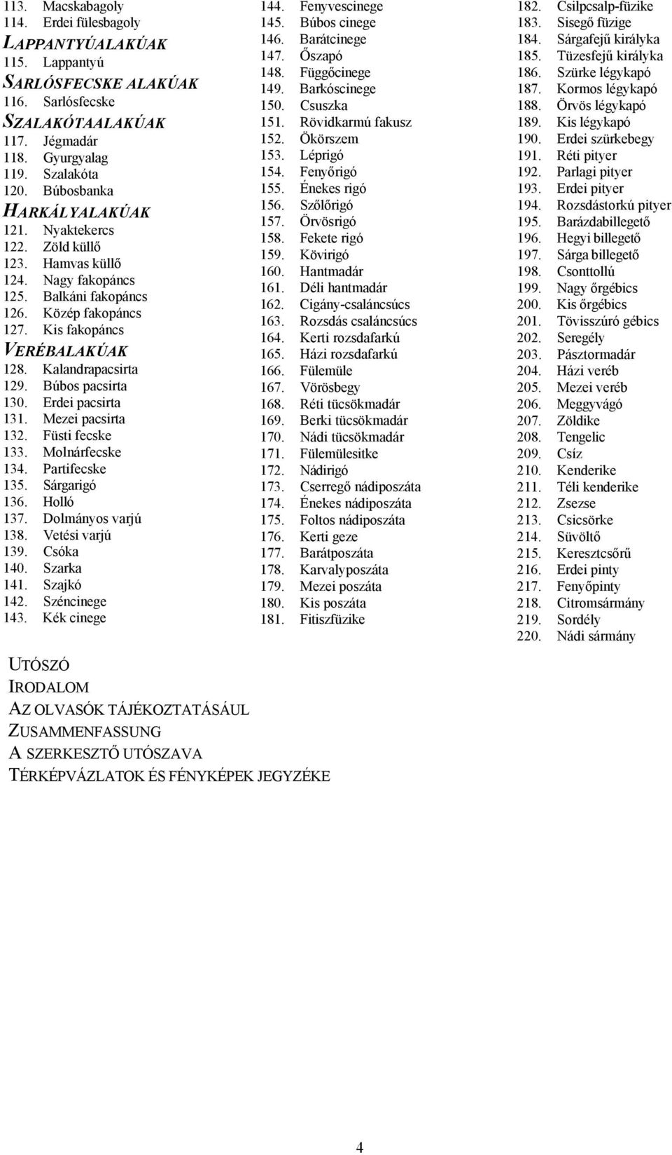 Búbos pacsirta 130. Erdei pacsirta 131. Mezei pacsirta 132. Füsti fecske 133. Molnárfecske 134. Partifecske 135. Sárgarigó 136. Holló 137. Dolmányos varjú 138. Vetési varjú 139. Csóka 140. Szarka 141.