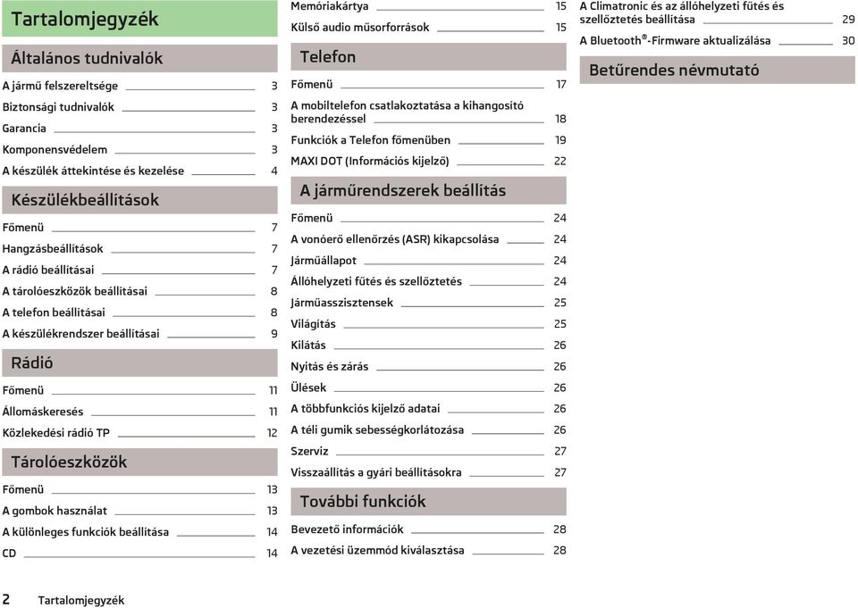 Tárolóeszközök Főmenü 13 A gombok használat 13 A különleges funkciók beállítása 14 CD 14 Memóriakártya 15 Külső audio műsorforrások 15 Telefon Főmenü 17 A mobiltelefon csatlakoztatása a kihangosító