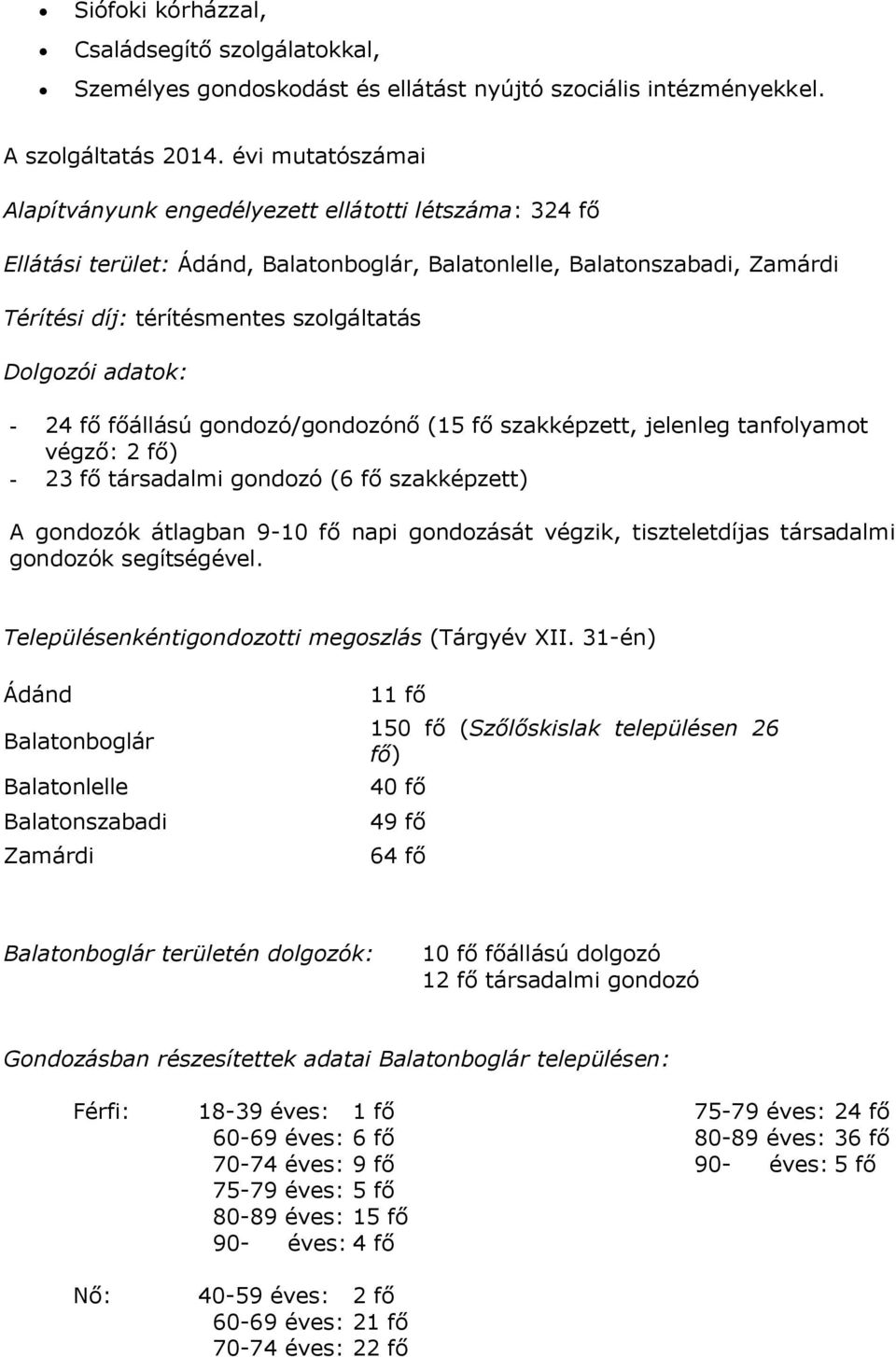 adatok: - 24 fő főállású gondozó/gondozónő (15 fő szakképzett, jelenleg tanfolyamot végző: 2 fő) - 23 fő társadalmi gondozó (6 fő szakképzett) A gondozók átlagban 9-10 fő napi gondozását végzik,