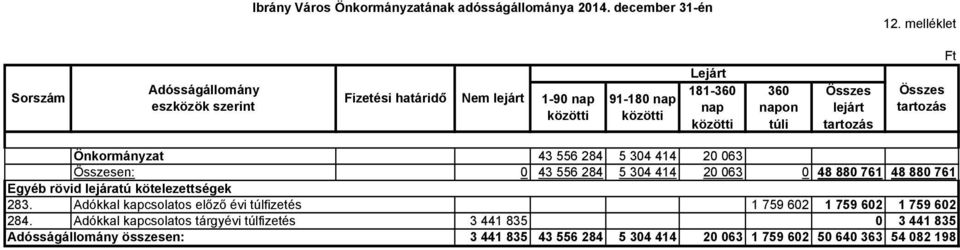 Összes lejárt tartozás Ft Összes tartozás Önkormányzat 43 556 284 5 304 414 20 063 Összesen: 0 43 556 284 5 304 414 20 063 0 48 880 761 48 880 761 Egyéb rövid