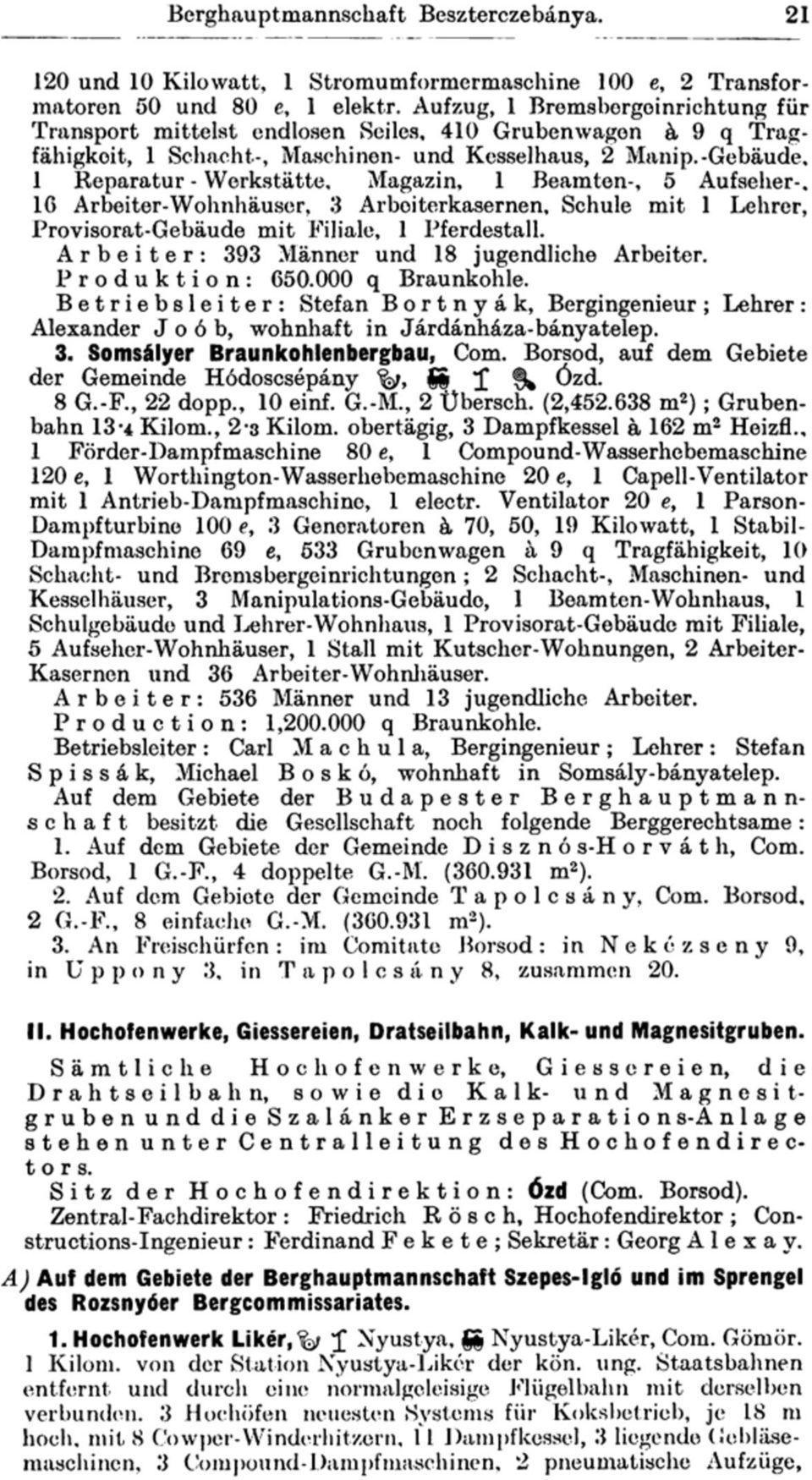 -Gebäude, 1 Reparatur - Werkstätte, Magazin, 1 Beamten-, 5 Aufseher-, 10 Arbeiter-Wohnhäuser, 3 Arboiterkasernen, Schule mit 1 Lehrer, Provisorat-Gebäude mit Filiale, 1 Pferdestall.