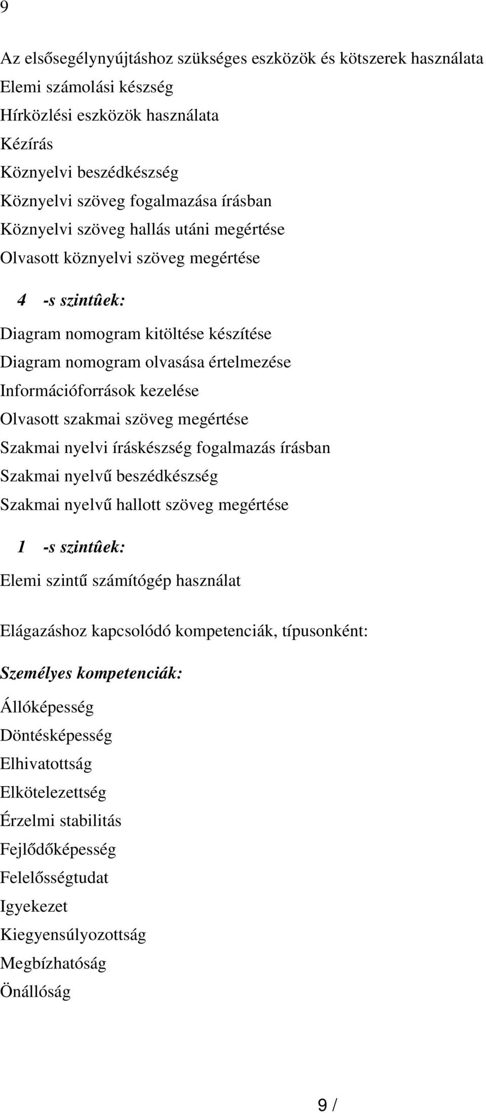 Olvasott szakmai szöveg megértése Szakmai nyelvi íráskészség fogalmazás írásban Szakmai nyelv ű beszédkészség Szakmai nyelv ű hallott szöveg megértése 1 -s szintûek: Elemi szint ű számítógép