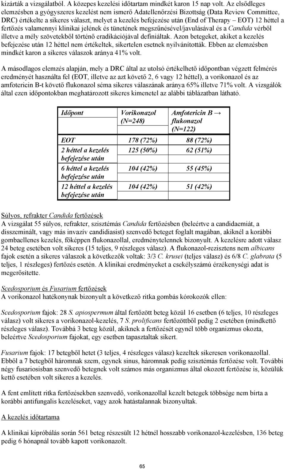 héttel a fertőzés valamennyi klinikai jelének és tünetének megszűnésével/javulásával és a Candida vérből illetve a mély szövetekből történő eradikációjával definiáltak.