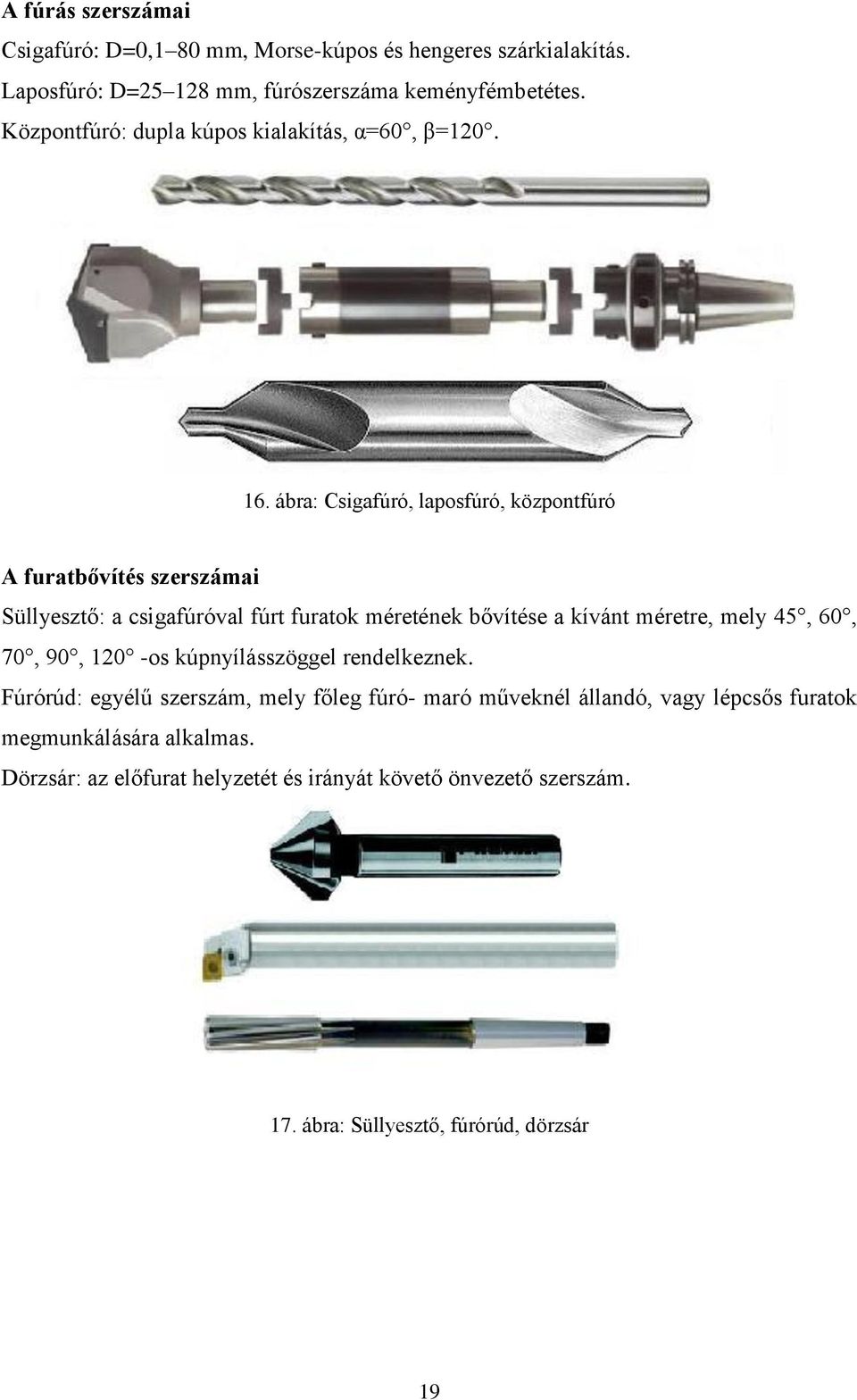 ábra: Csigafúró, laposfúró, központfúró A furatbővítés szerszámai Süllyesztő: a csigafúróval fúrt furatok méretének bővítése a kívánt méretre, mely 45,