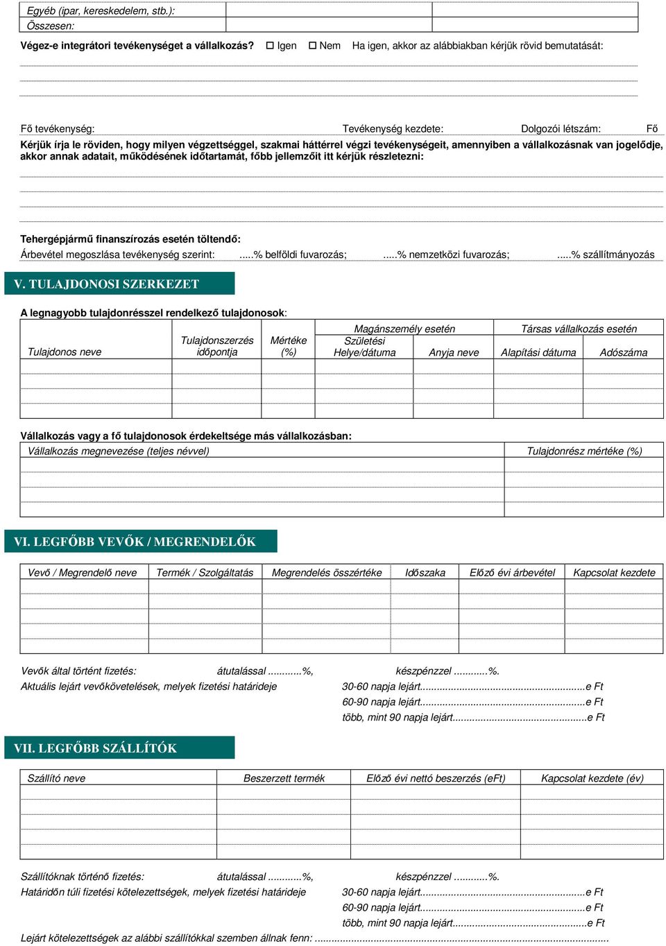 tevékenységeit, amennyiben a vállalkozásnak van jogelıdje, akkor annak adatait, mőködésének idıtartamát, fıbb jellemzıit itt kérjük részletezni: Tehergépjármő finanszírozás esetén töltendı: Árbevétel