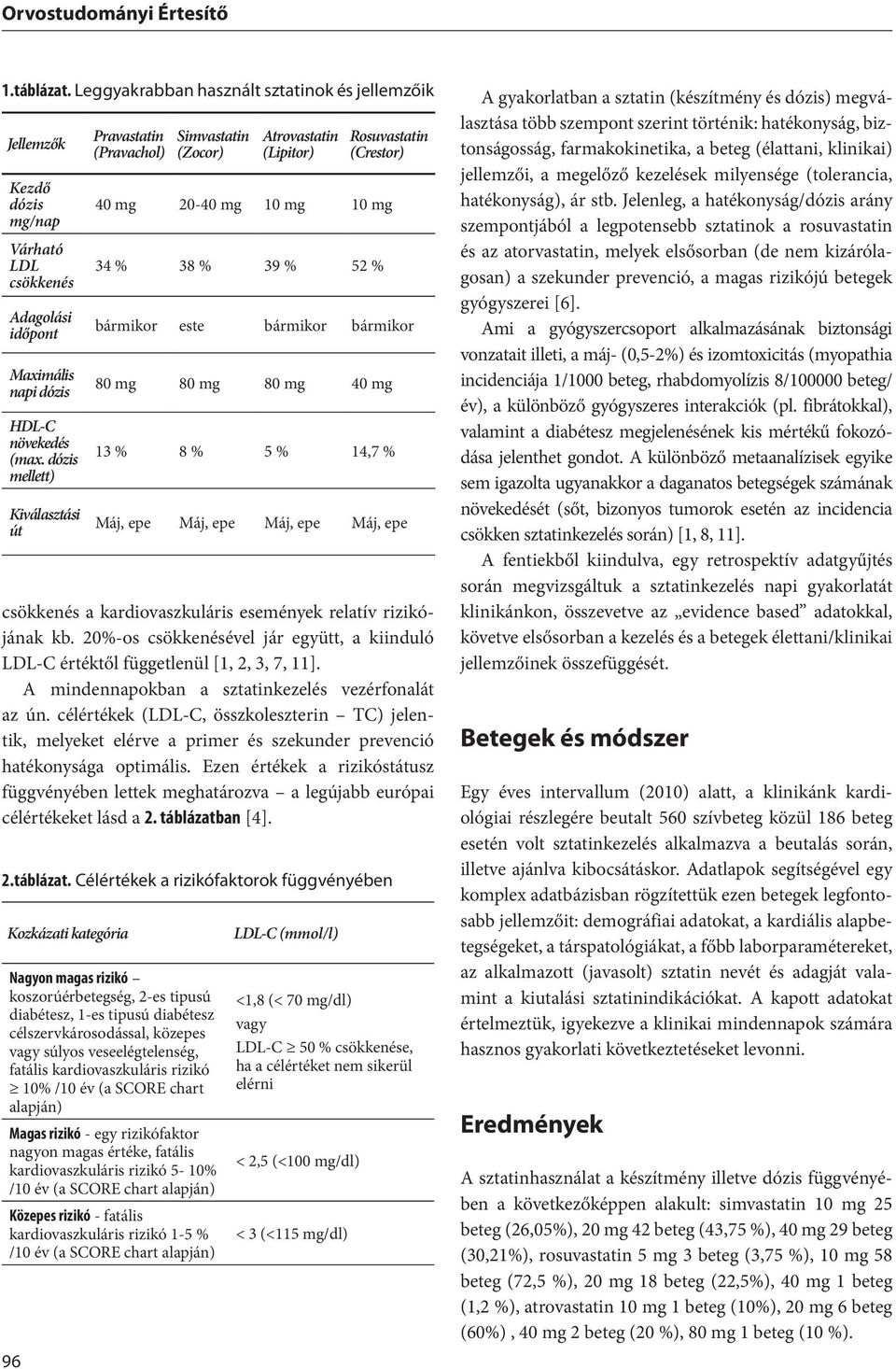 A mindennapokban a sztatinkezelés vezérfonalát az ún. célértékek (LDL-C, összkoleszterin TC) jelentik, melyeket elérve a primer és szekunder prevenció hatékonysága optimális.