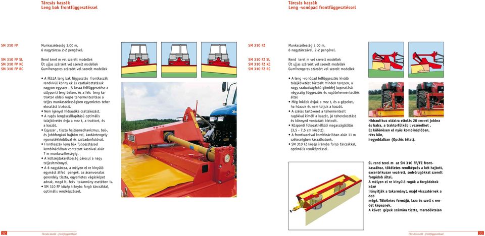terelőművel szerelt modellek Ütőujjas szársértővel szerelt modellek Gumihengeres szársértővel szerelt modellek A FELLA lengőbak függesztésű frontkaszák rendkívül könnyűek és csatlakoztatásuk nagyon