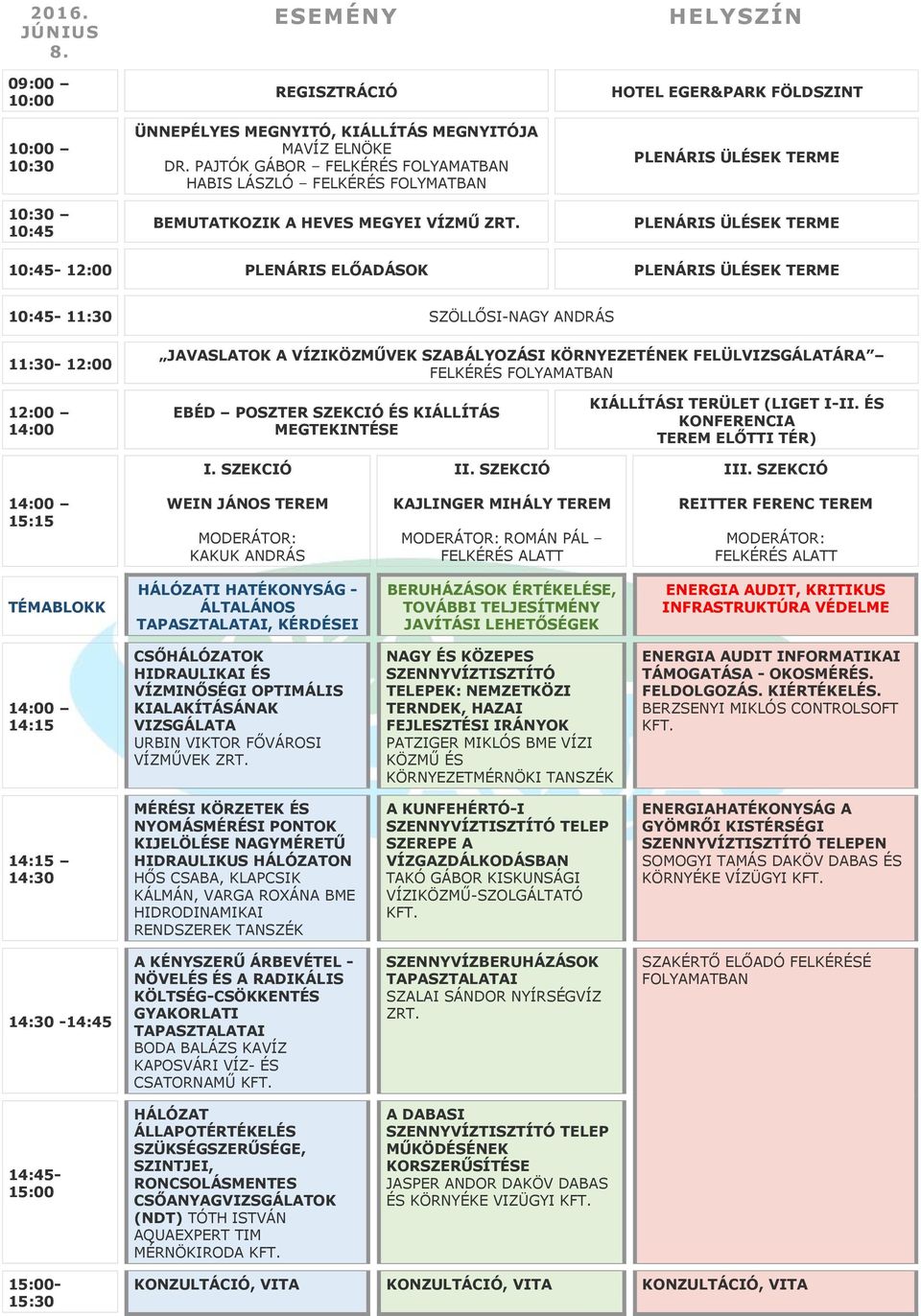 PLENÁRIS ELŐADÁSOK PLENÁRIS ÜLÉSEK TERME 10:45-11:30 SZÖLLŐSI-NAGY ANDRÁS 11:30-12:00 JAVASLATOK A VÍZIKÖZMŰVEK SZABÁLYOZÁSI KÖRNYEZETÉNEK FELÜLVIZSGÁLATÁRA FELKÉRÉS FOLYAMATBAN 12:00 14:00 EBÉD