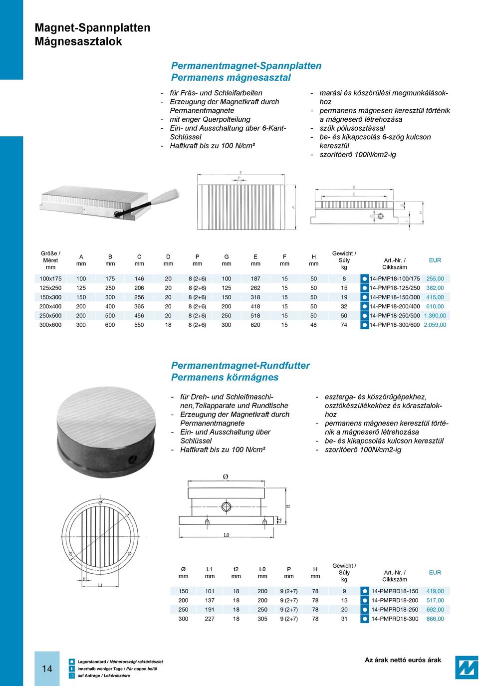 - be- és kikapcsolás 6-szög kulcson keresztül - szorítóerő 100N/cm2-ig röße / Méret P E ewicht / 100x175 100 175 146 20 8 (2+6) 100 187 15 50 8 14-PMP18-100/175 255,00 125x250 125 250 206 20 8 (2+6)