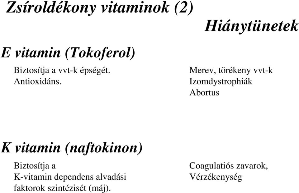 Merev, törékeny vvt-k Izomdystrophiák Abortus K vitamin (naftokinon)