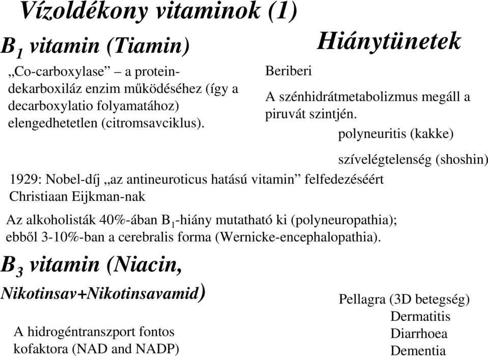 polyneuritis (kakke) szívelégtelenség (shoshin) 1929: Nobel-díj az antineuroticus hatású vitamin felfedezéséért Christiaan Eijkman-nak Az alkoholisták 40%-ában B 1