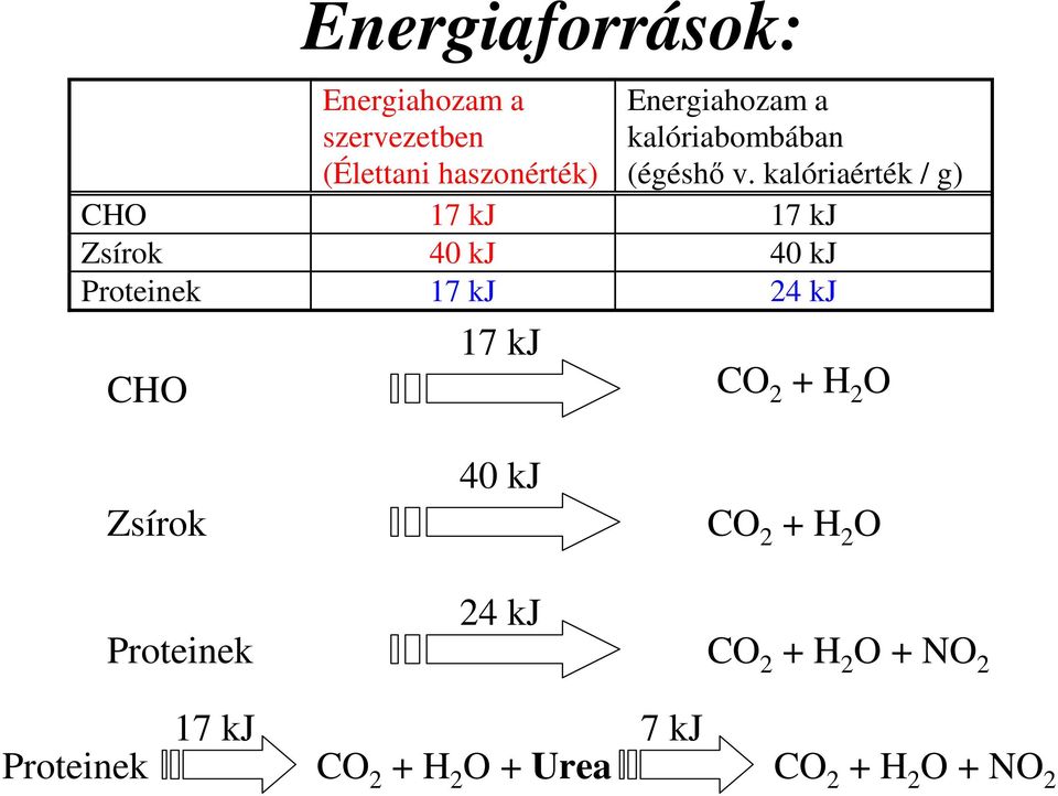 kalóriaérték / g) CHO 17 kj 17 kj Zsírok 40 kj 40 kj Proteinek 17 kj 24 kj CO 2 +