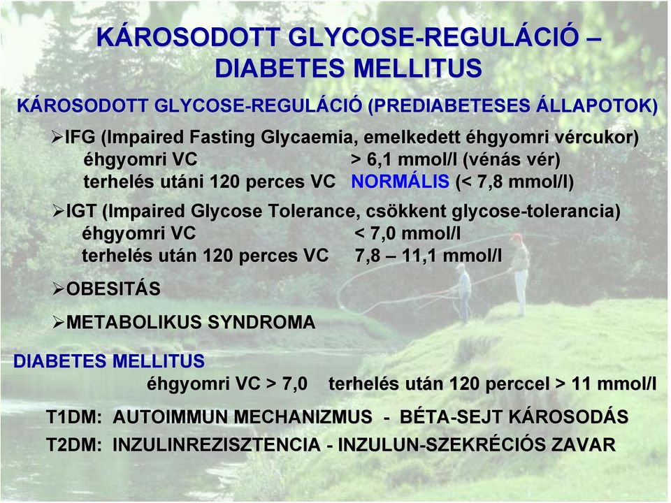 csökkent glycose-tolerancia tolerancia) éhgyomri VC < 7,0 mmol/l terhelés után 120 perces VC 7,8 11,1 mmol/l OBESITÁS METABOLIKUS SYNDROMA DIABETES