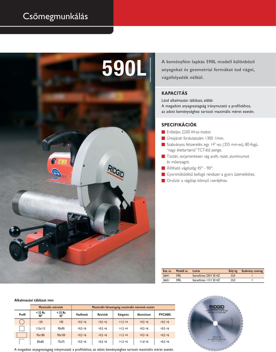 Üresjárati fordulatszám 1300 1/min. Szabványos felszerelés: egy 14 -es, (355 mm-es), 80-fogú, nagy élettartamú TCT-élű penge. Tisztán, sorjamentesen vág acélt, rezet, alumíniumot és műanyagot.