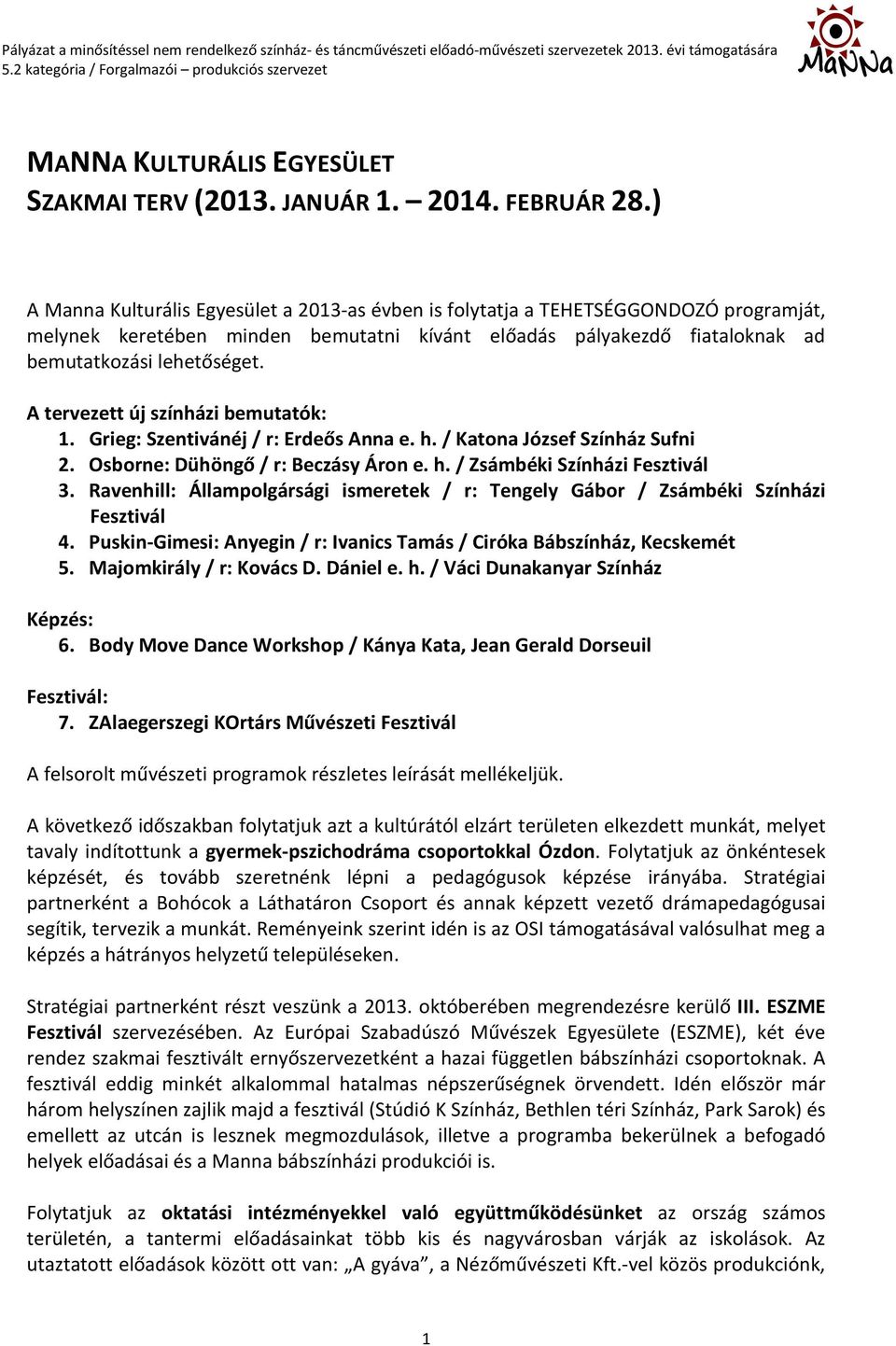 ) A Manna Kulturális Egyesület a 2013-as évben is folytatja a TEHETSÉGGONDOZÓ programját, melynek keretében minden bemutatni kívánt előadás pályakezdő fiataloknak ad bemutatkozási lehetőséget.