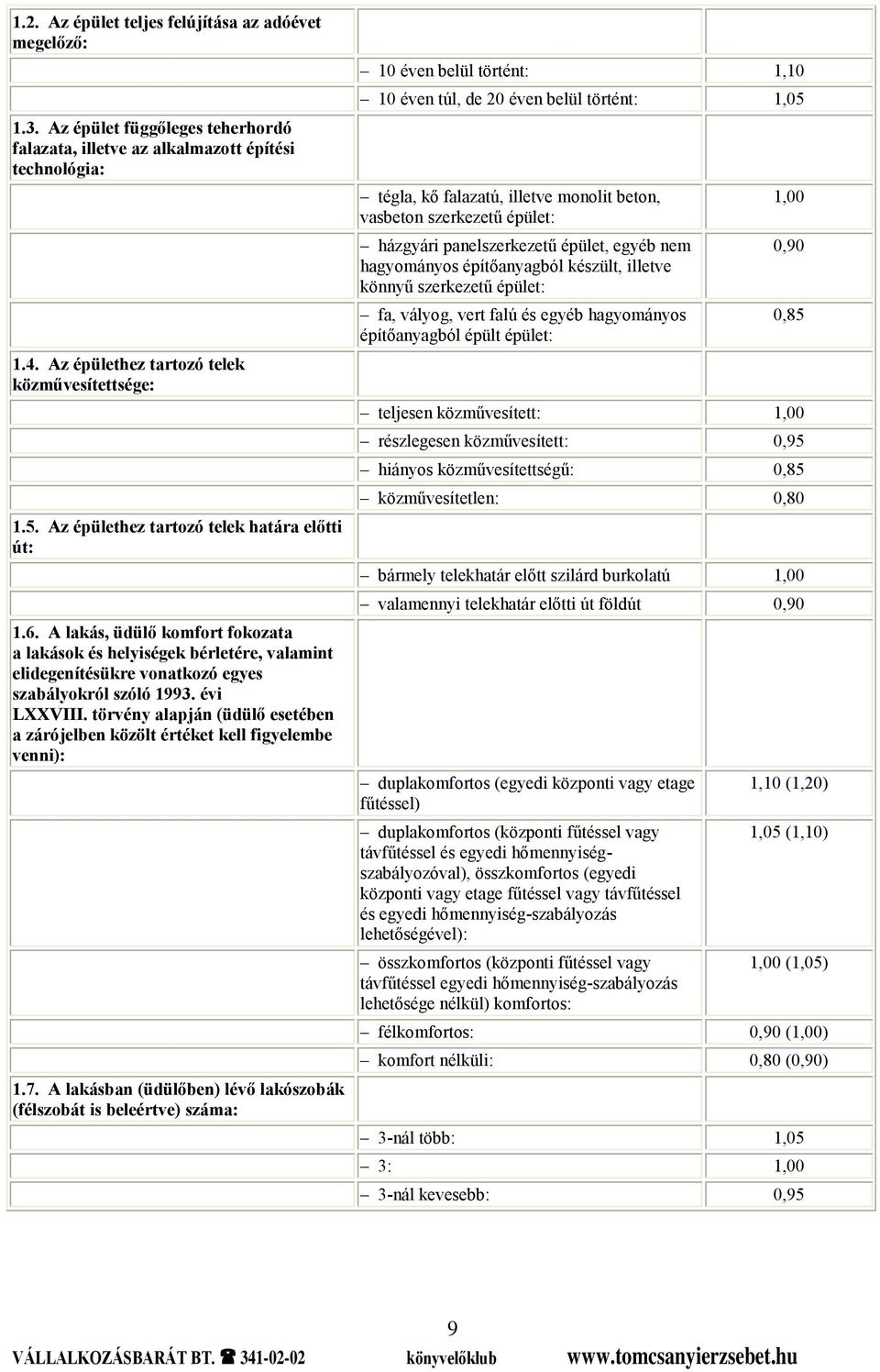törvény alapján (üdülő esetében a zárójelben közölt értéket kell figyelembe venni): 1.7.