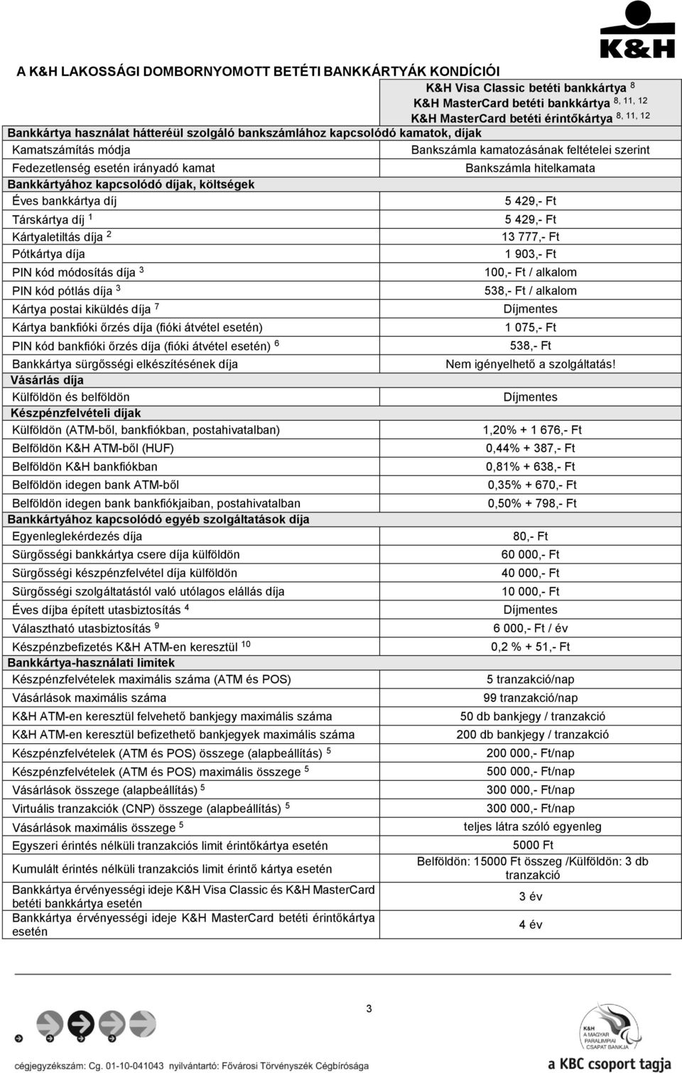 díjak, költségek Éves bankkártya díj Társkártya díj 1 Kártyaletiltás díja 2 Pótkártya díja PIN kód módosítás díja 3 PIN kód pótlás díja 3 Kártya postai kiküldés díja 7 Kártya bankfióki őrzés díja