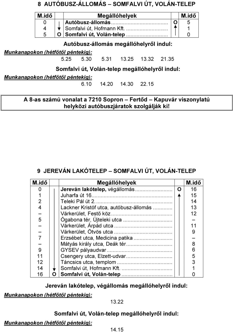 9 JEREVÁN LAKÓTELEP SOMFALVI ÚT, VOLÁN-TELEP Megállóhelyek 0 Jereván lakótelep, végállomás... O 16 1 Juharfa út 16.... 15 2 Teleki Pál út 2.... 14 4 Lackner Kristóf utca, autóbusz-állomás.