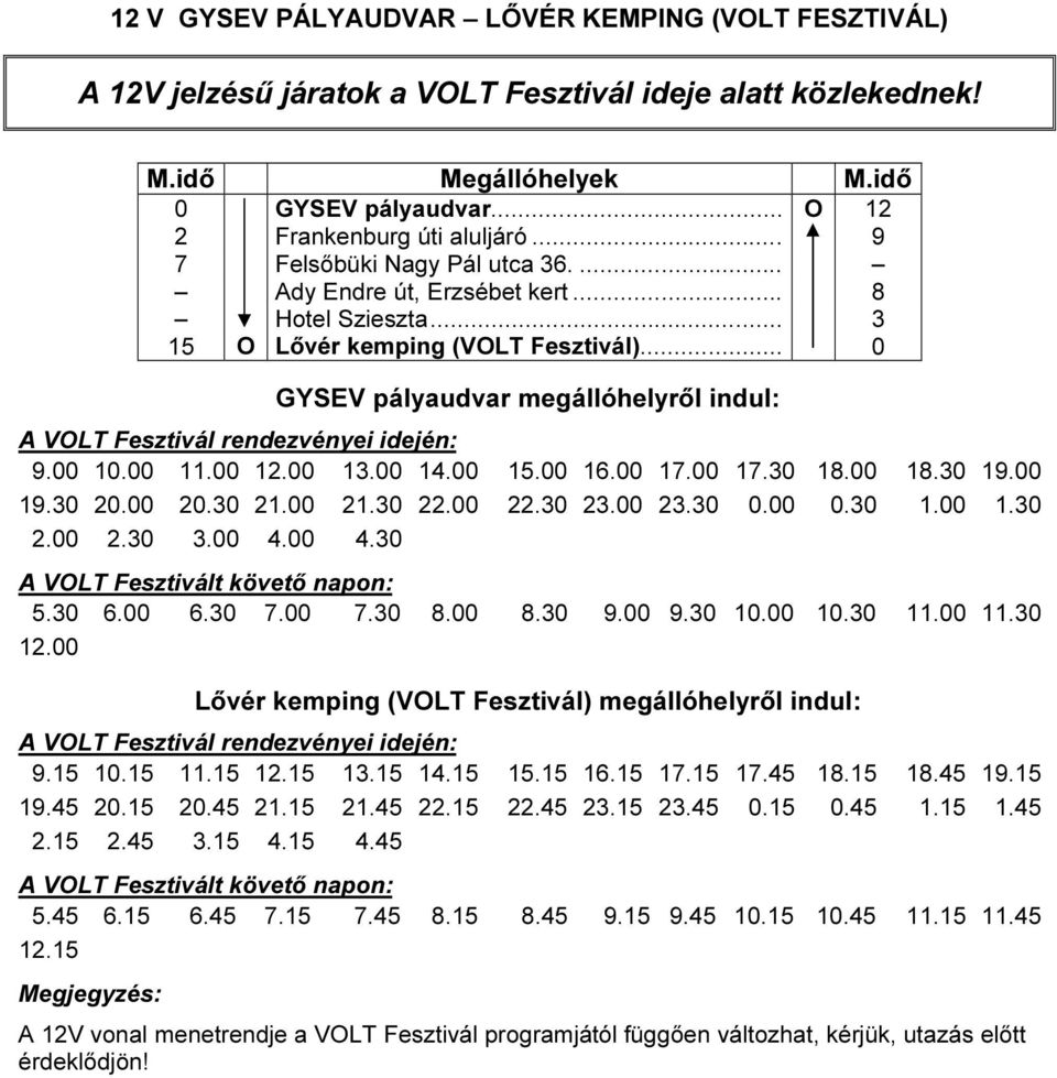 .. 0 GYSEV pályaudvar megállóhelyről indul: A VOLT Fesztivál rendezvényei idején: 9.00 10.00 11.00 12.00 13.00 14.00 15.00 16.00 17.00 17.30 18.00 18.30 19.00 19.30 20.00 20.30 21.00 21.30 22.00 22.