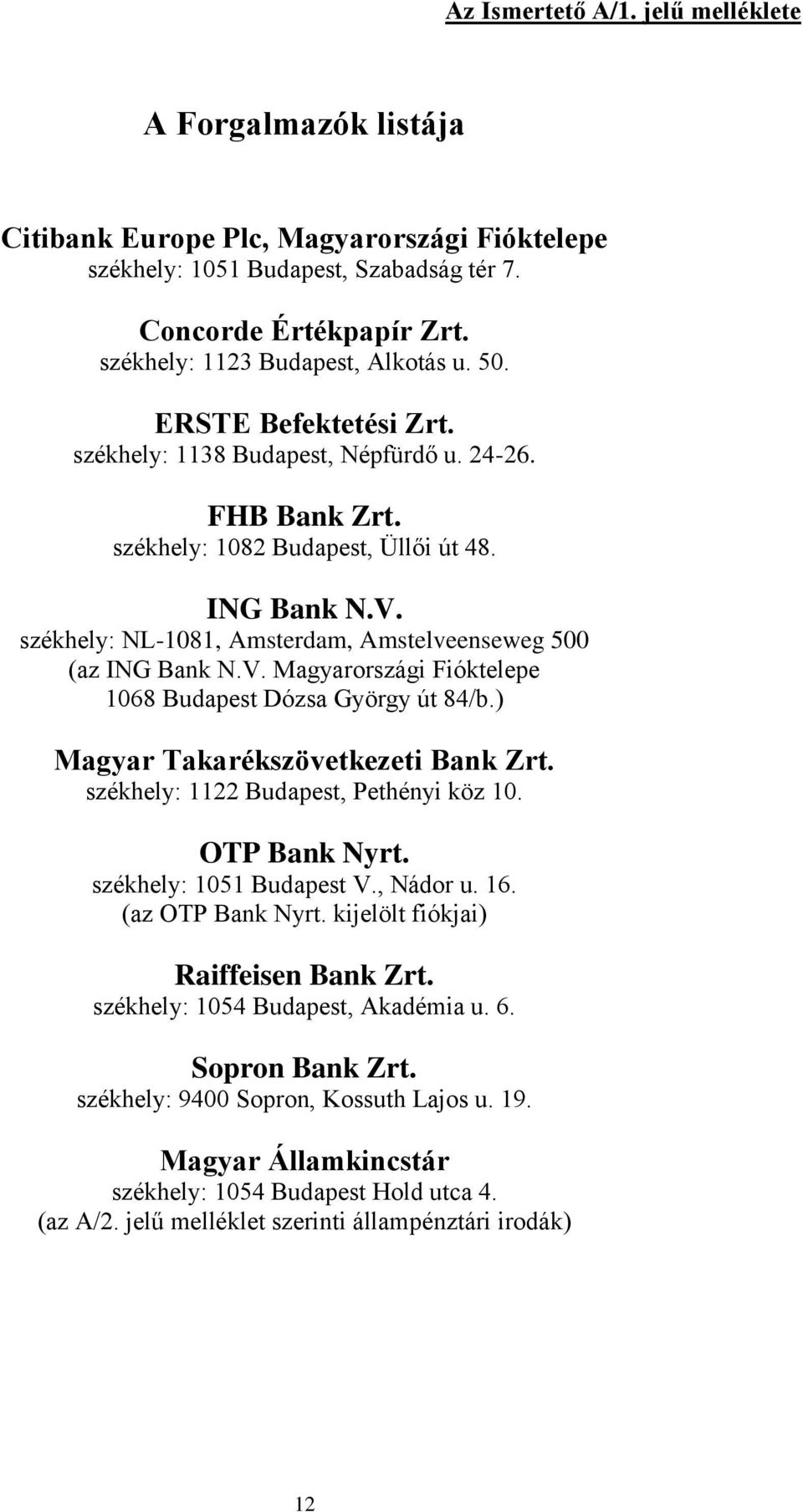 székhely: NL-1081, Amsterdam, Amstelveenseweg 500 (az ING Bank N.V. Magyarországi Fióktelepe 1068 Budapest Dózsa György út 84/b.) Magyar Takarékszövetkezeti Bank Zrt.