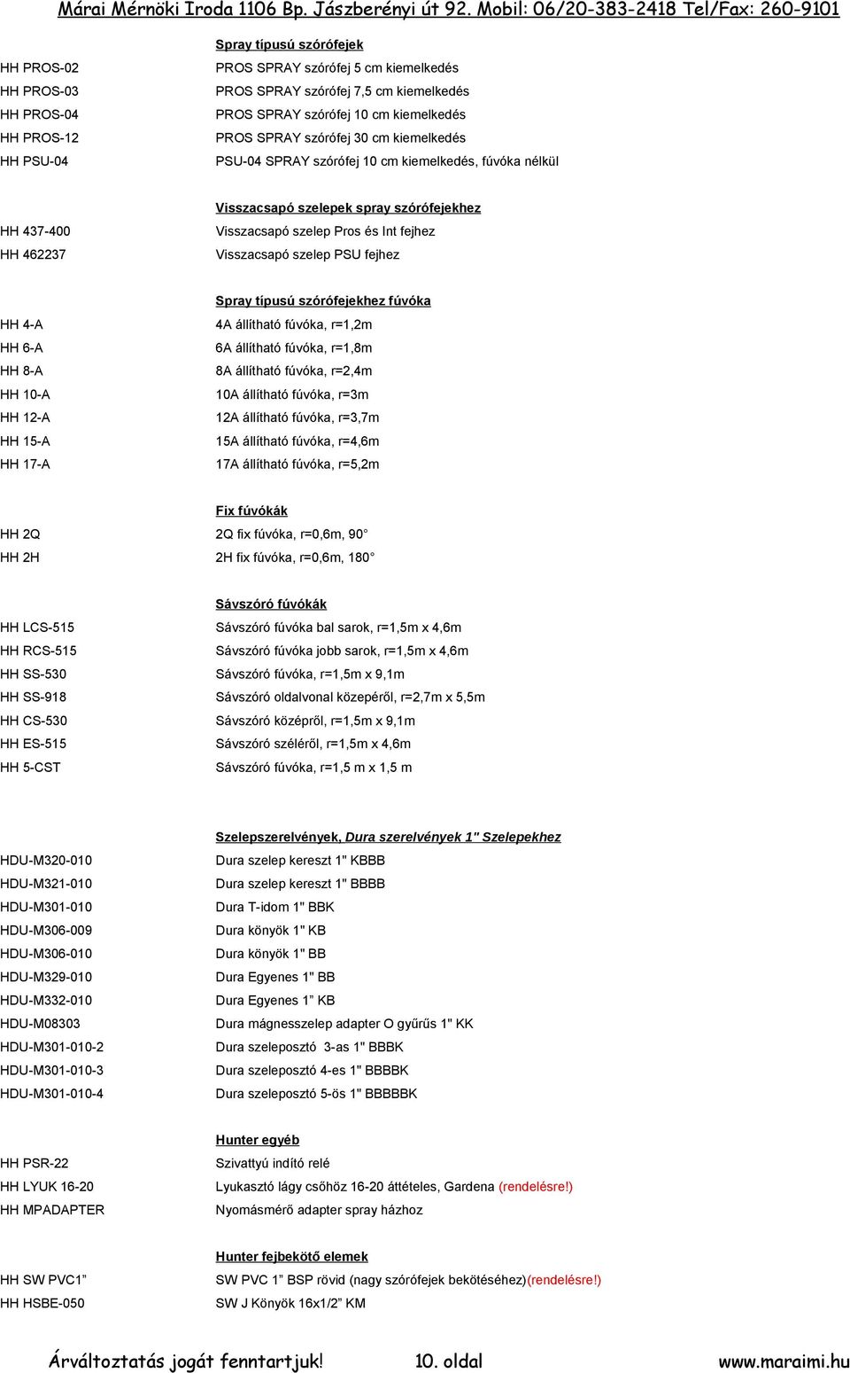 Visszacsapó szelep PSU fejhez HH 4-A HH 6-A HH 8-A HH 10-A HH 12-A HH 15-A HH 17-A Spray típusú szórófejekhez fúvóka 4A állítható fúvóka, r=1,2m 6A állítható fúvóka, r=1,8m 8A állítható fúvóka,