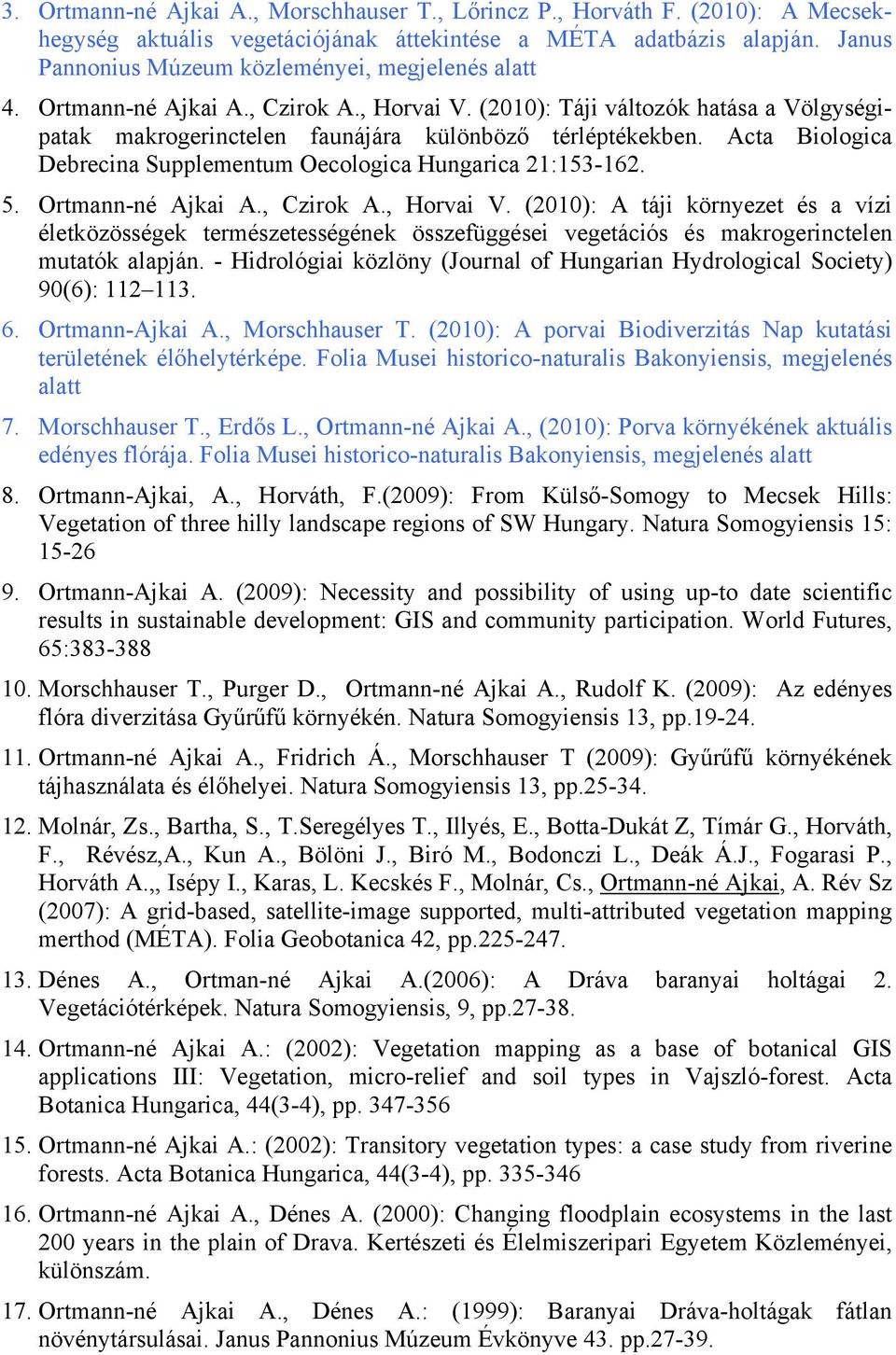 Acta Biologica Debrecina Supplementum Oecologica Hungarica 21:153-162. 5. Ortmann-né Ajkai A., Czirok A., Horvai V.