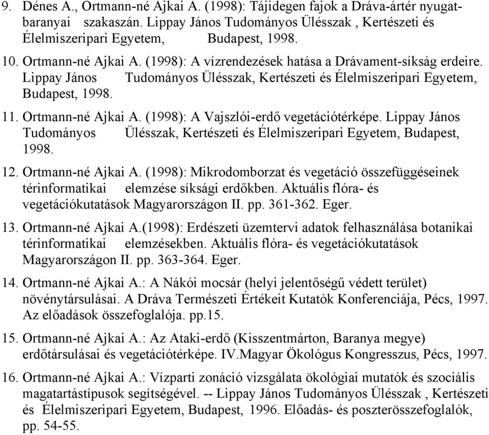 (1998): A Vajszlói-erdő vegetációtérképe. Lippay János Tudományos Ülésszak, Kertészeti és Élelmiszeripari Egyetem, Budapest, 1998. 12. Ortmann-né Ajkai A.