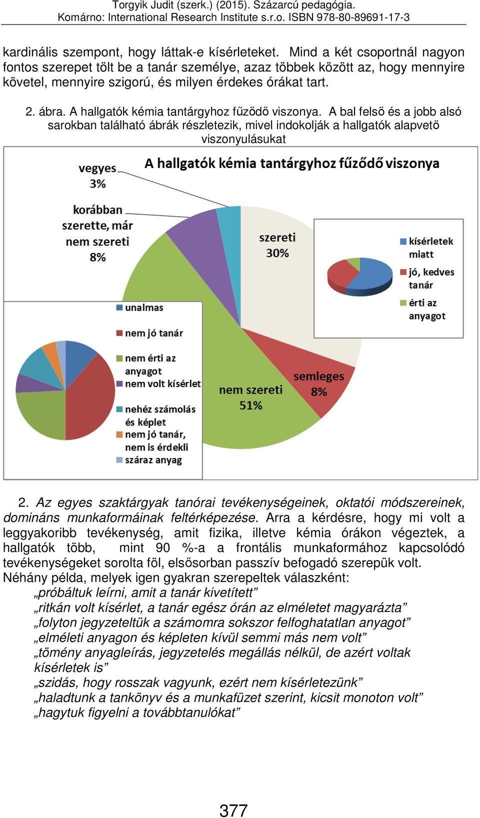 A hallgatók kémia tantárgyhoz fűződő viszonya. A bal felső és a jobb alsó sarokban található ábrák részletezik, mivel indokolják a hallgatók alapvető viszonyulásukat 2.