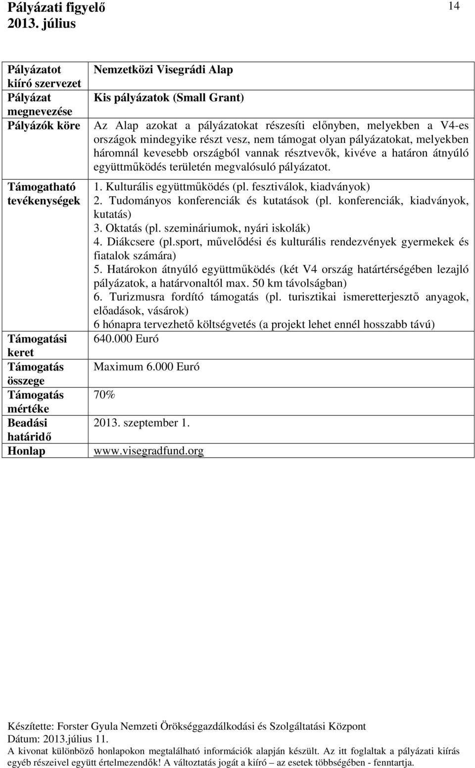 fesztiválok, kiadványok) 2. Tudományos konferenciák és kutatások (pl. konferenciák, kiadványok, kutatás) 3. Oktatás (pl. szemináriumok, nyári iskolák) 4. Diákcsere (pl.