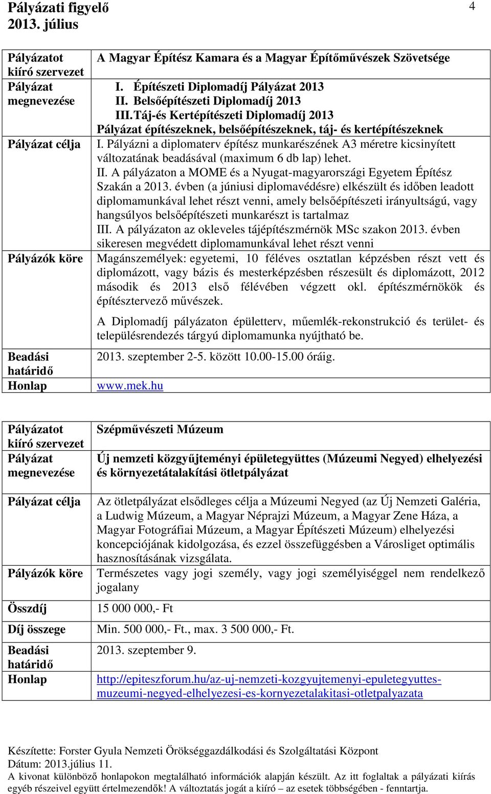 Pályázni a diplomaterv építész munkarészének A3 méretre kicsinyített változatának beadásával (maximum 6 db lap) lehet. II. A pályázaton a MOME és a Nyugat-magyarországi Egyetem Építész Szakán a 2013.