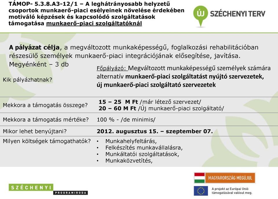 megváltozott munkaképességű, foglalkozási rehabilitációban részesülő személyek munkaerő-piaci integrációjának elősegítése, javítása.