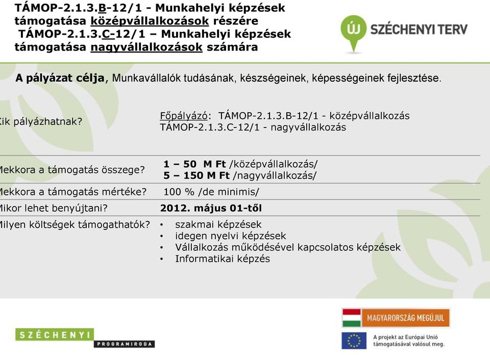 ikor lehet benyújtani? 1 50 M Ft /középvállalkozás/ 5 150 M Ft /nagyvállalkozás/ 100 % /de minimis/ 2012. május 01-től ilyen költségek támogathatók?