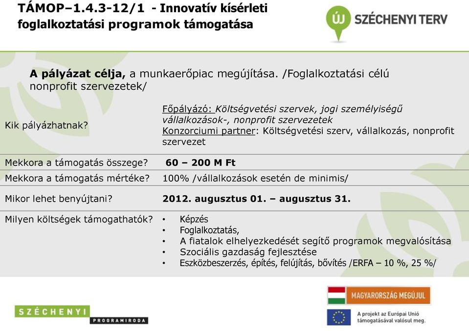 Főpályázó: Költségvetési szervek, jogi személyiségű vállalkozások-, nonprofit szervezetek Konzorciumi partner: Költségvetési szerv, vállalkozás, nonprofit szervezet 60