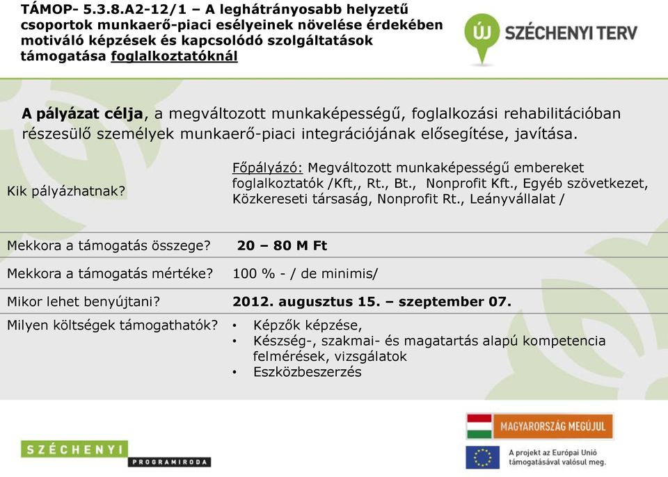 megváltozott munkaképességű, foglalkozási rehabilitációban részesülő személyek munkaerő-piaci integrációjának elősegítése, javítása.