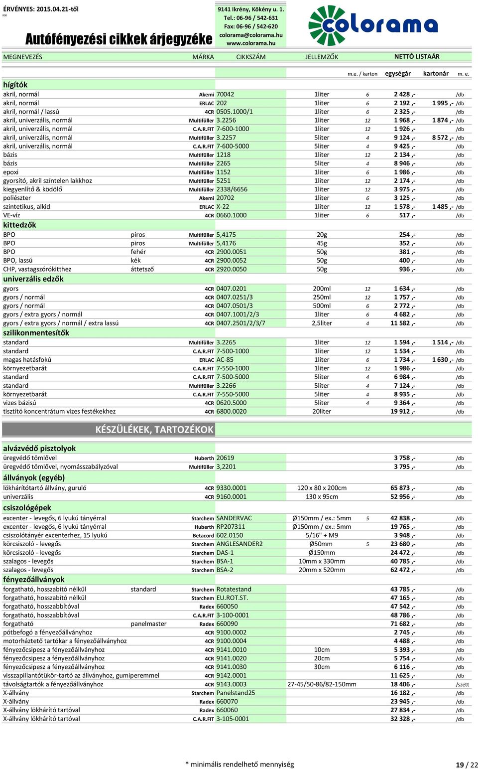 FIT 7-600-1000 1liter 12 1 926,- /db akril, univerzális, normál Multifüller 3.2257 5liter 4 9 124,- 8 572,- /db akril, univerzális, normál C.A.R.