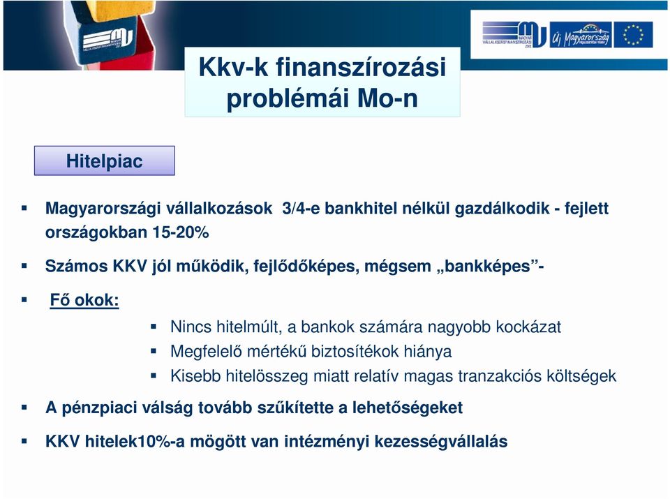 bankok számára nagyobb kockázat Megfelelő mértékű biztosítékok hiánya Kisebb hitelösszeg miatt relatív magas