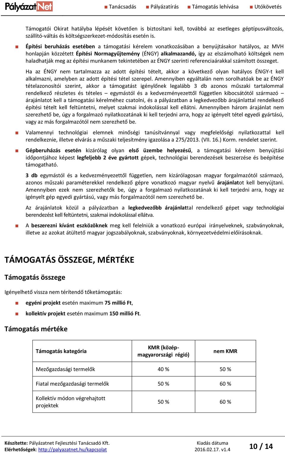 Építési beruházás esetében a támogatási kérelem vonatkozásában a benyújtásakor hatályos, az MVH honlapján közzétett Építési Normagyűjtemény (ÉNGY) alkalmazandó, így az elszámolható költségek nem