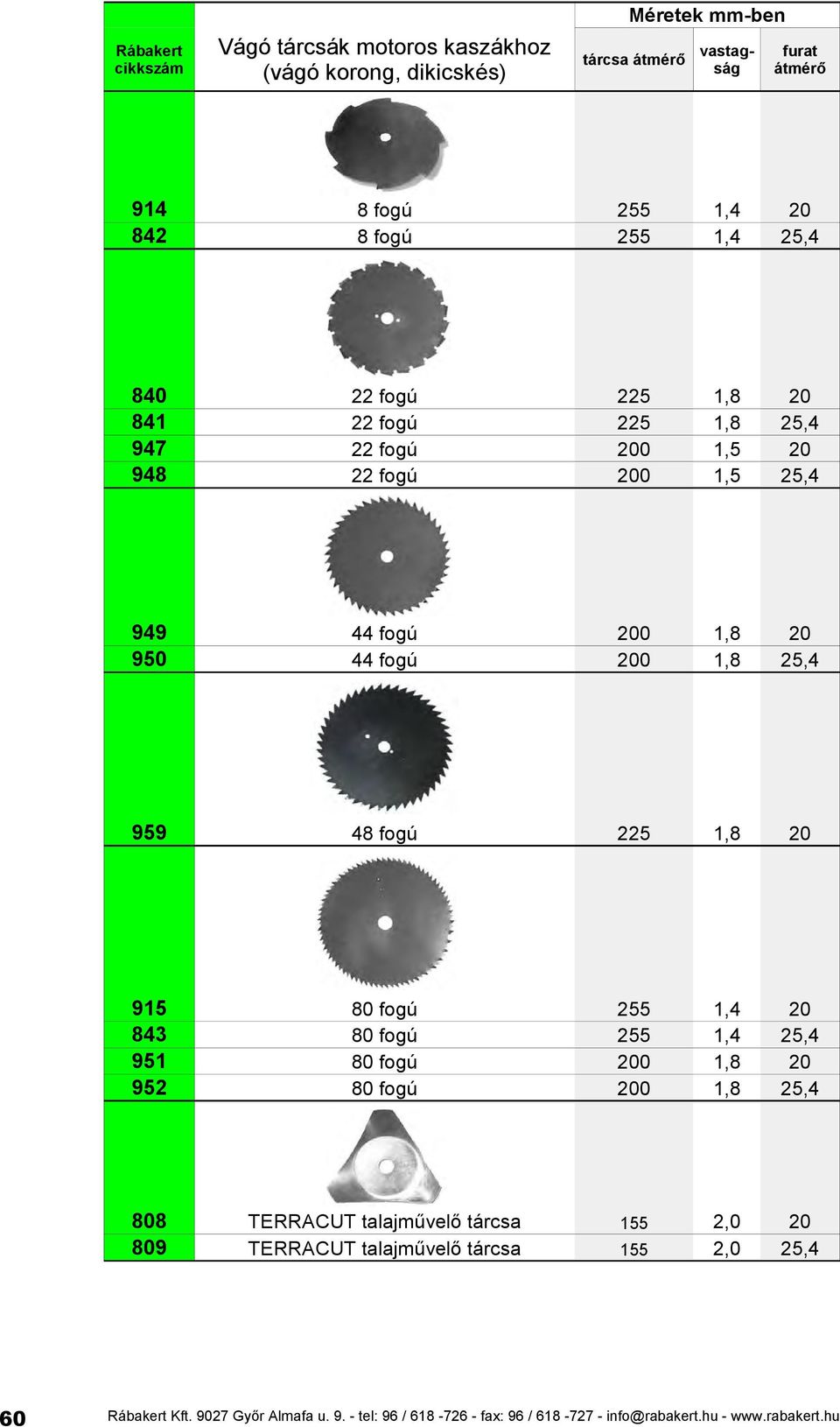 959 48 fogú 225 1,8 20 915 80 fogú 255 1,4 20 843 80 fogú 255 1,4 25,4 951 80 fogú 200 1,8 20 952 80 fogú 200 1,8 25,4 808 TERRACUT talajművelő tárcsa 155 2,0