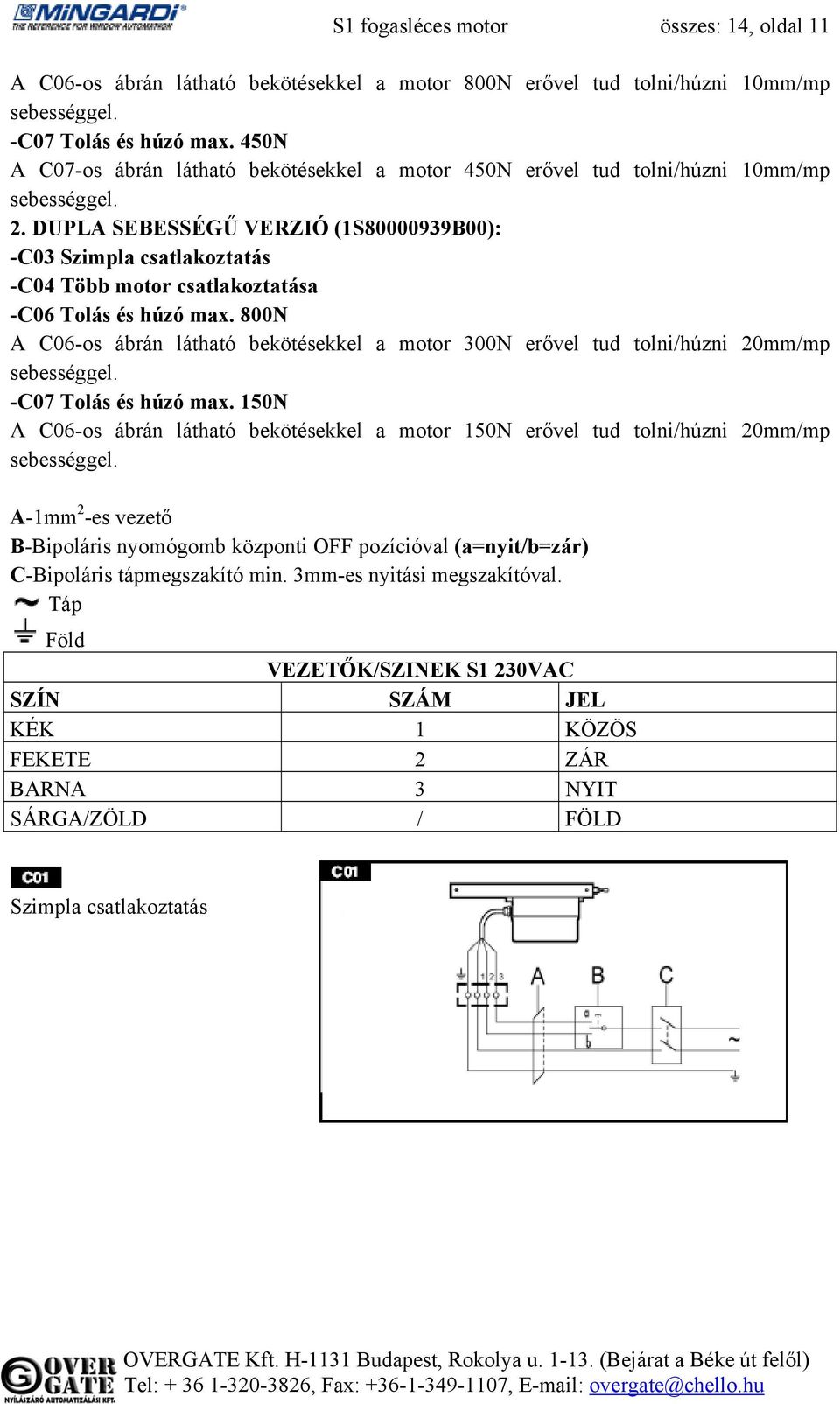 DUPLA SEBESSÉGŰ VERZIÓ (1S80000939B00): -C03 Szimpla csatlakoztatás -C04 Több motor csatlakoztatása -C06 Tolás és húzó max.