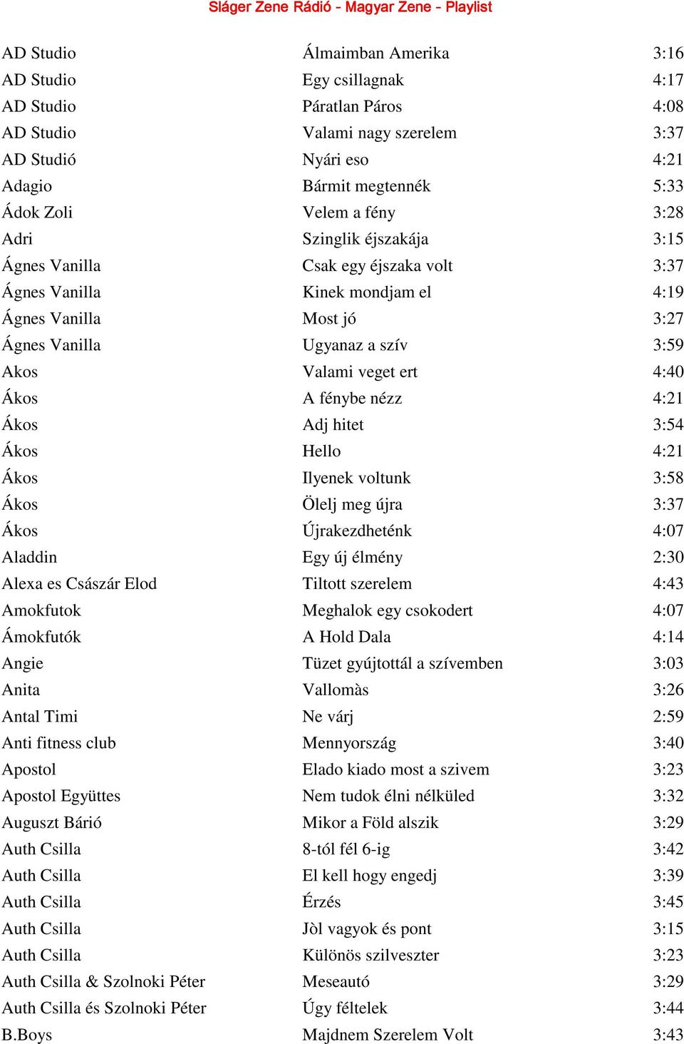 Vanilla Ugyanaz a szív 3:59 Akos Valami veget ert 4:40 Ákos A fénybe nézz 4:21 Ákos Adj hitet 3:54 Ákos Hello 4:21 Ákos Ilyenek voltunk 3:58 Ákos Ölelj meg újra 3:37 Ákos Újrakezdheténk 4:07 Aladdin