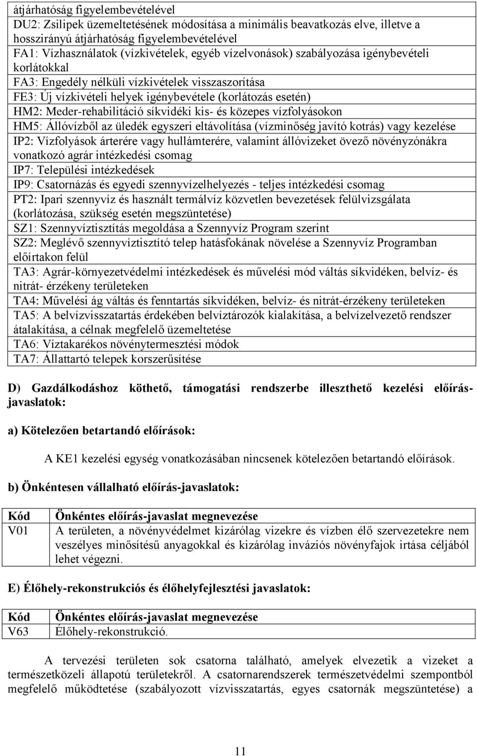 kis- és közepes vízfolyásokon HM5: Állóvízből az üledék egyszeri eltávolítása (vízminőség javító kotrás) vagy kezelése IP2: Vízfolyások árterére vagy hullámterére, valamint állóvizeket övező