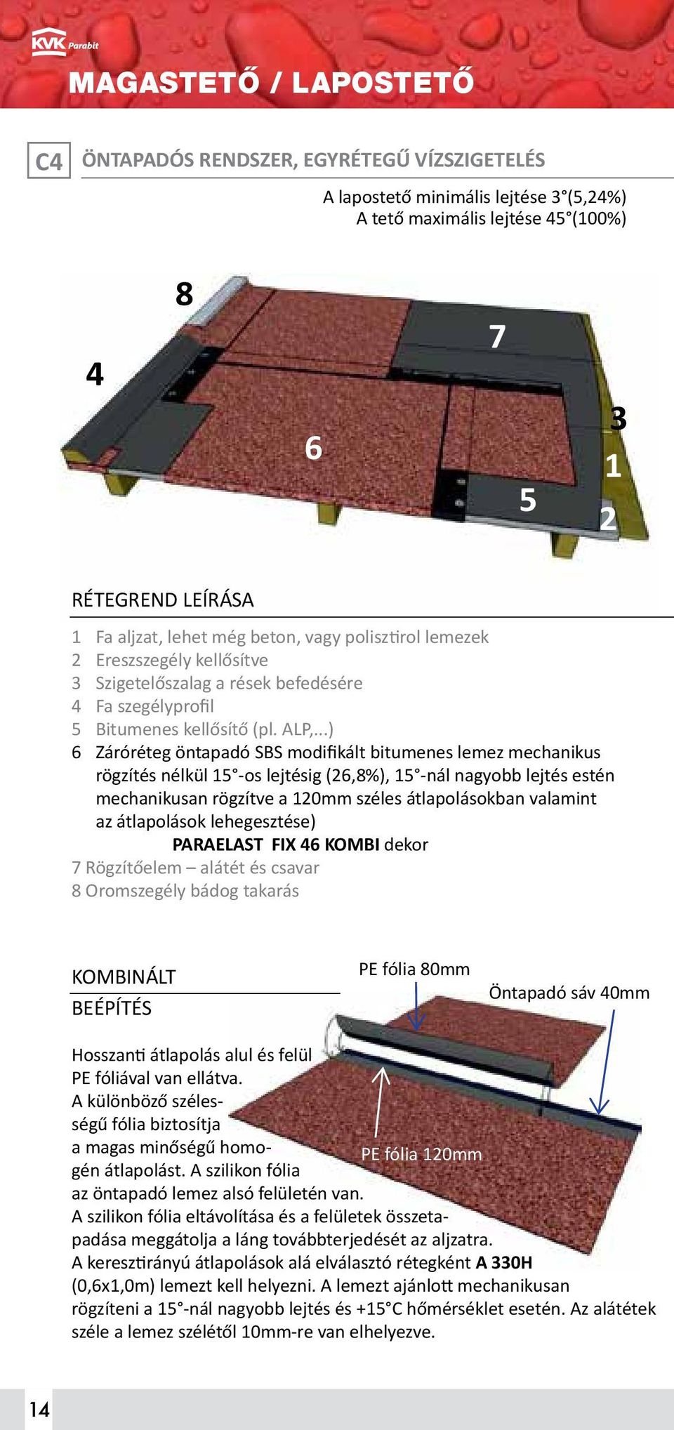 ..) 6 Záróréteg öntapadó SBS modifikált bitumenes lemez mechanikus rögzítés nélkül 15 -os lejtésig (26,8%), 15 -nál nagyobb lejtés estén mechanikusan rögzítve a 120mm széles átlapolásokban valamint